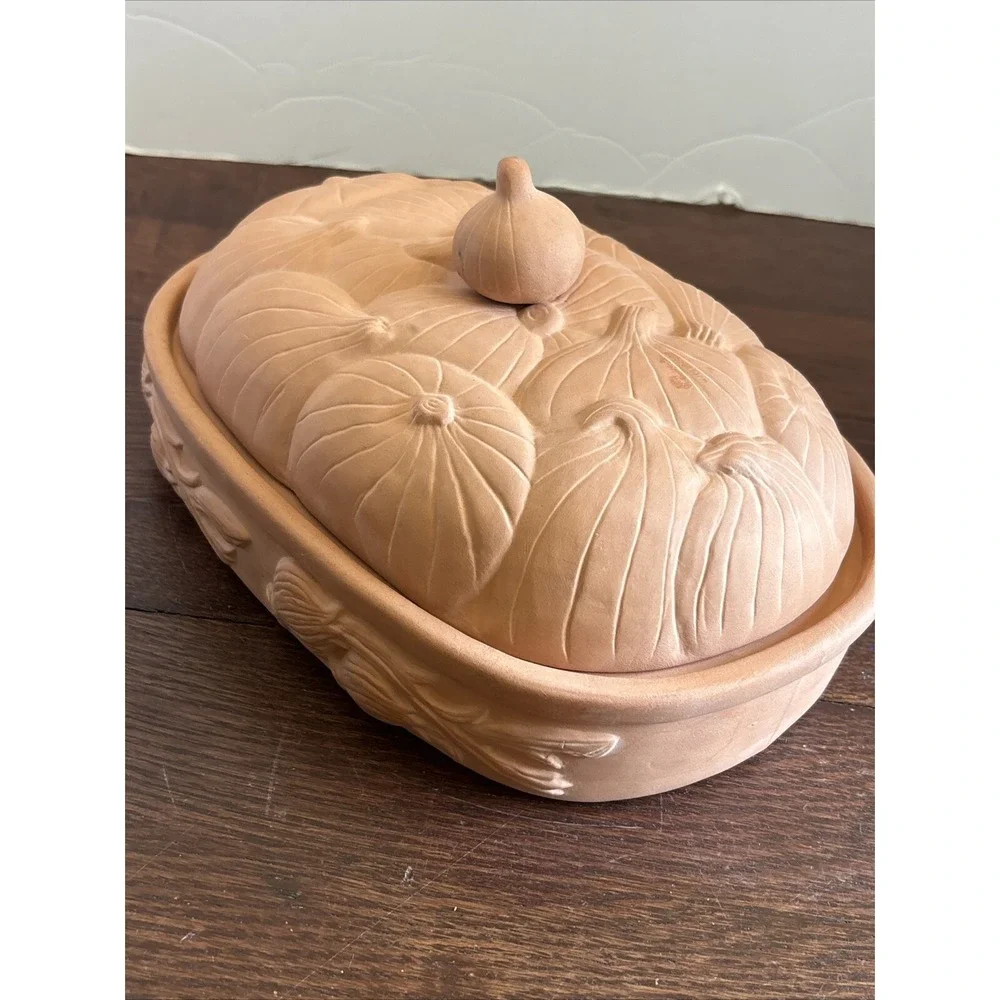Terra Cotta Garlic Roaster Baking Dish‎ Casserole Oval Boston Warehouse 1994